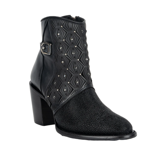 Cuadra Ladies Stingray Laser & Studs Black Snip Toe Booties CU876