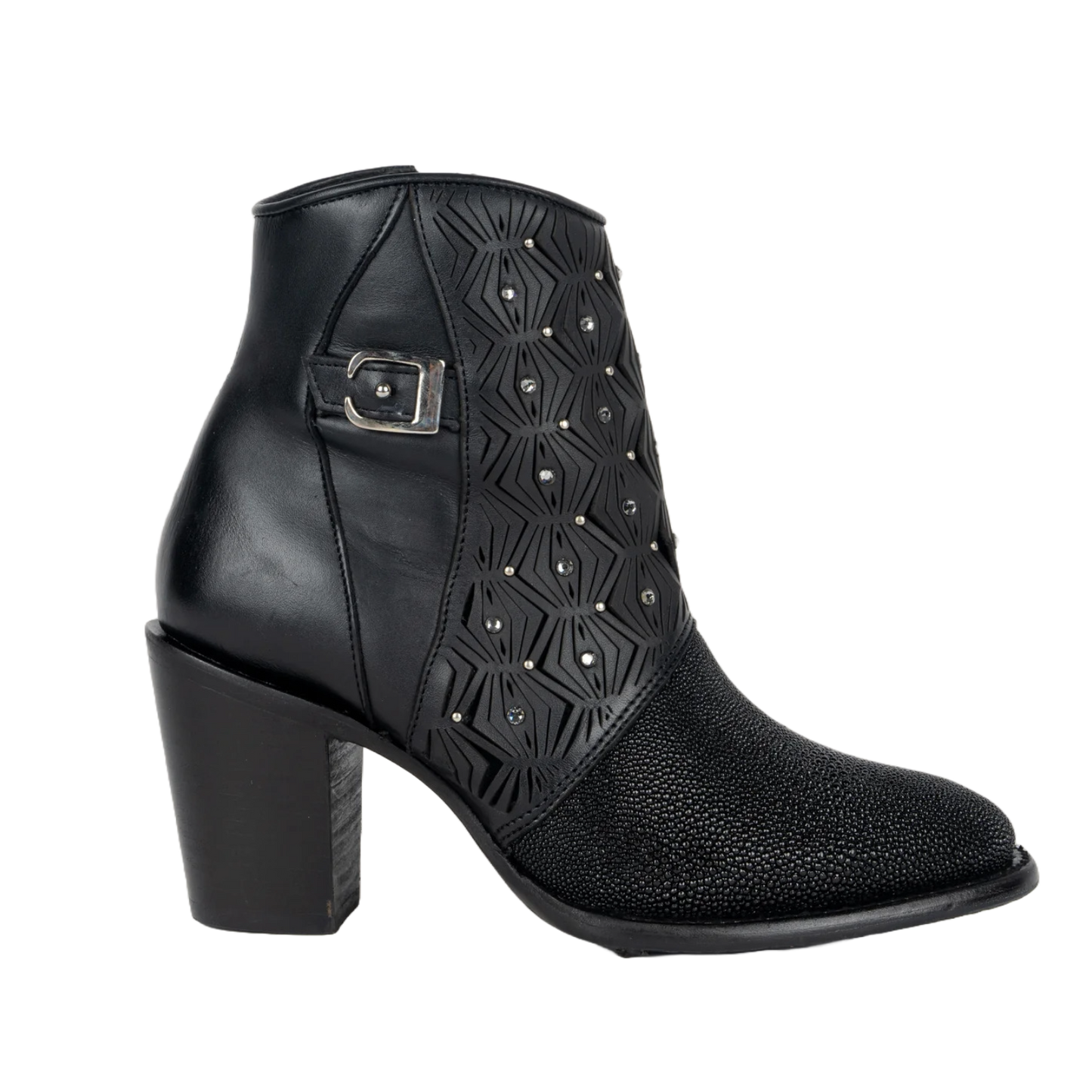 Cuadra Ladies Stingray Laser & Studs Black Snip Toe Booties CU876