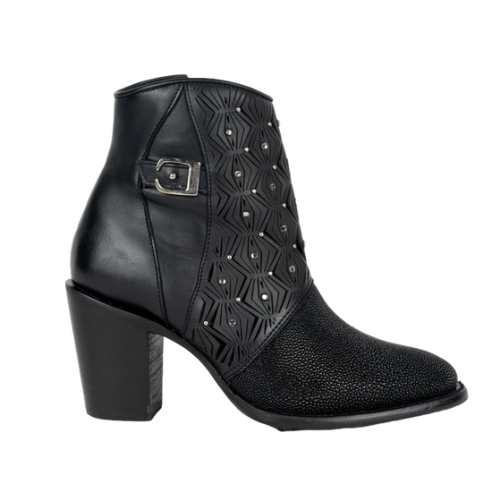 Cuadra Ladies Stingray Laser & Studs Black Snip Toe Booties CU876