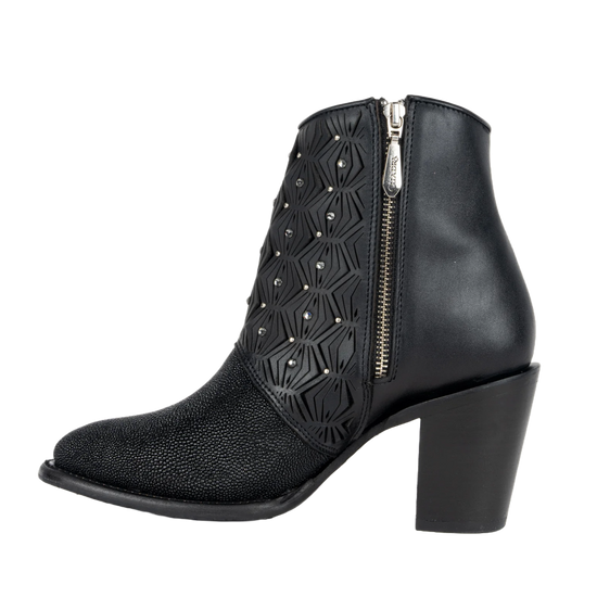 Cuadra Ladies Stingray Laser & Studs Black Snip Toe Booties CU876