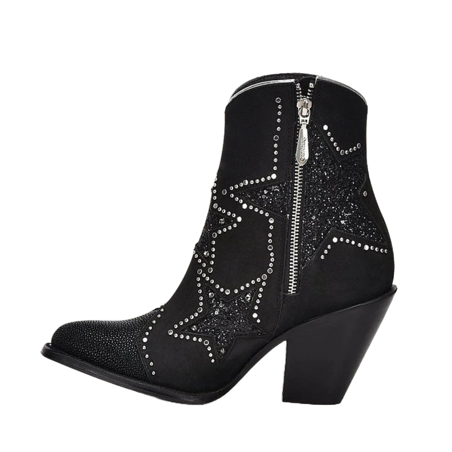 Cuadra Ladies Stingray Zipper & Studs Black Round Toe Booties CU760