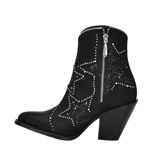 Cuadra Ladies Stingray Zipper & Studs Black Round Toe Booties CU760