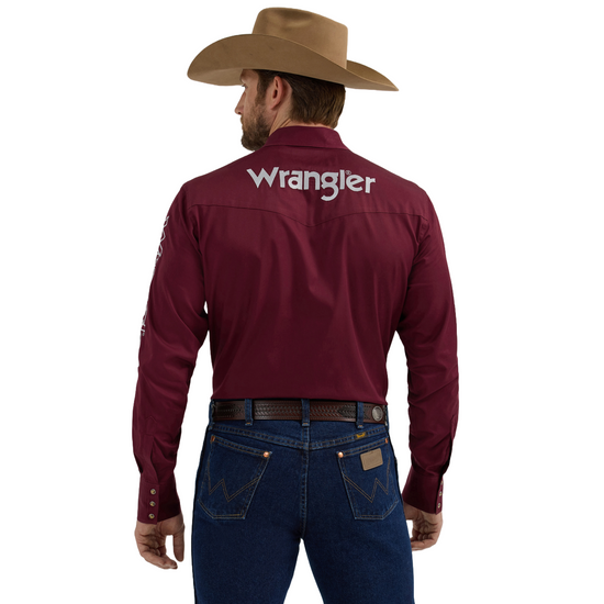 Wrangler Men's Western Logo Classic Fit Wine Red Snap Shirt 112355405