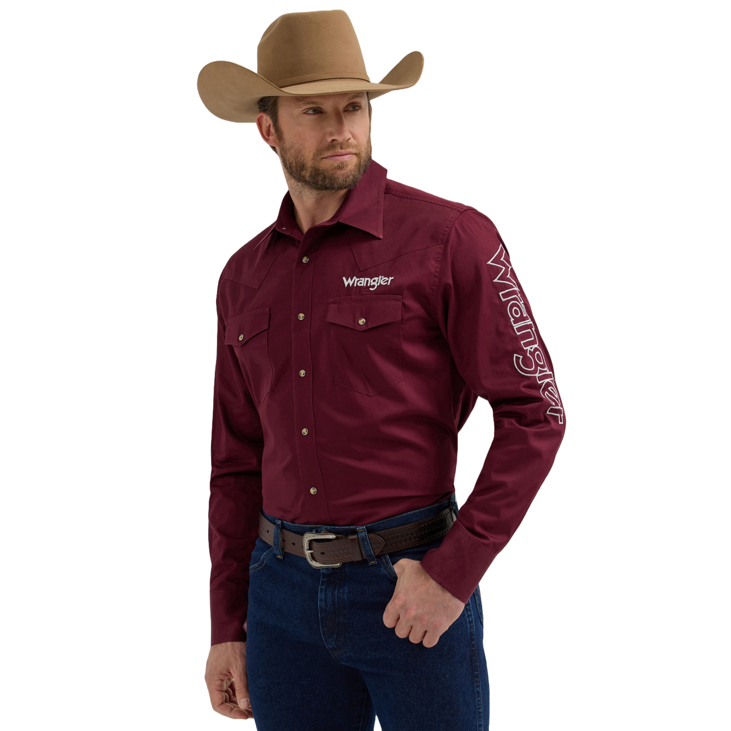 Wrangler Men's Western Logo Classic Fit Wine Red Snap Shirt 112355405