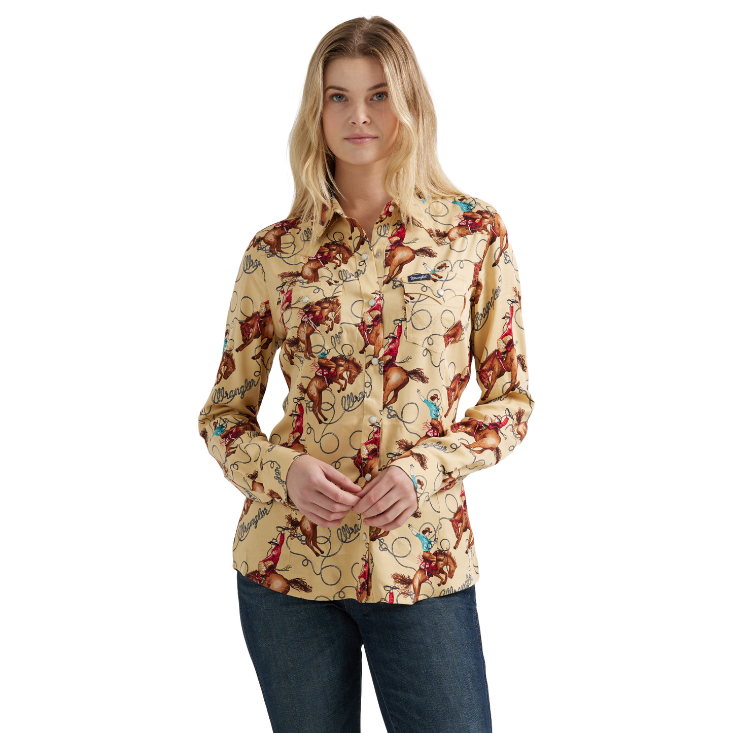 Wrangler Ladies Riding Cowboy Western Tan Slim Snap Shirt 112356642