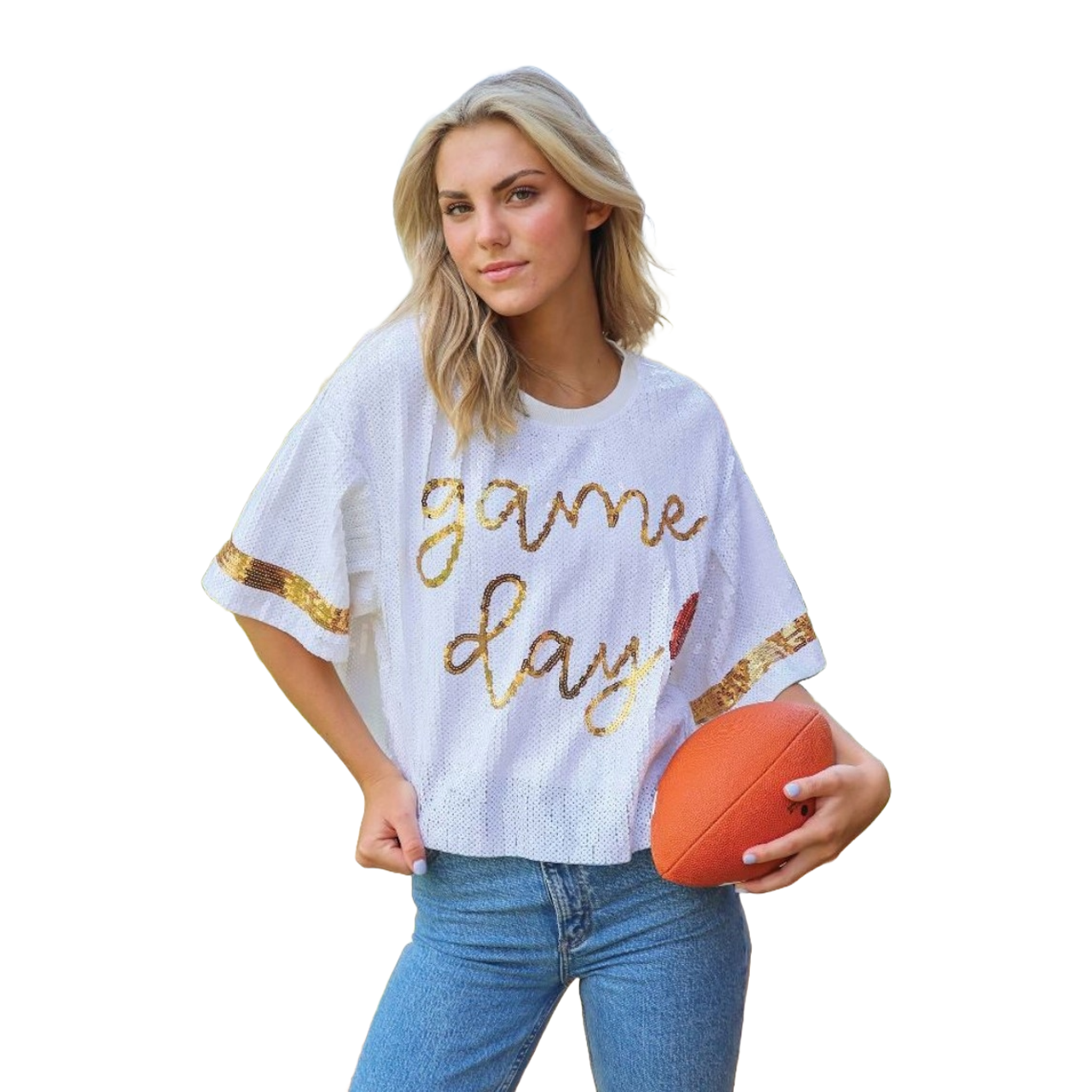 Simply Southern Ladies Sequined Game Day White Shirt 0224-TOP-SQNLUXE-GAMEWHT