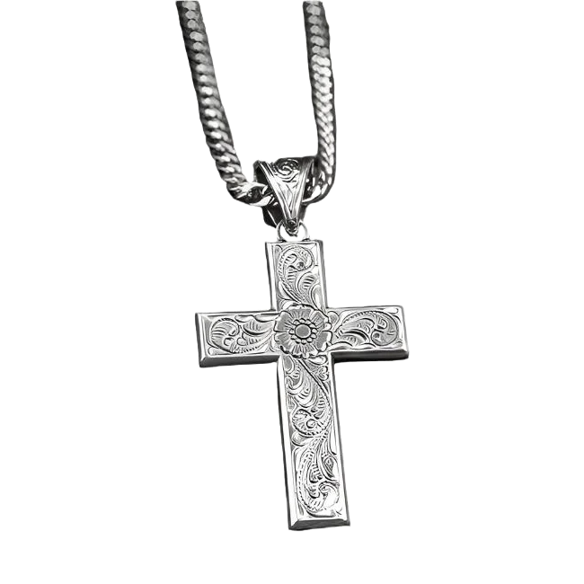 M&F Men's Floral Embossed Silver Cross Necklace 32106