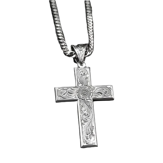 M&F Men's Floral Embossed Silver Cross Necklace 32106