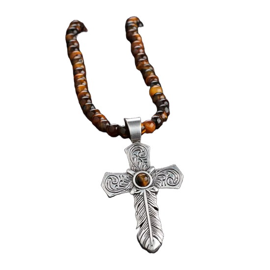 Silver Strike Men's Tigers Eye Engraved Silver Cross Necklace D47012