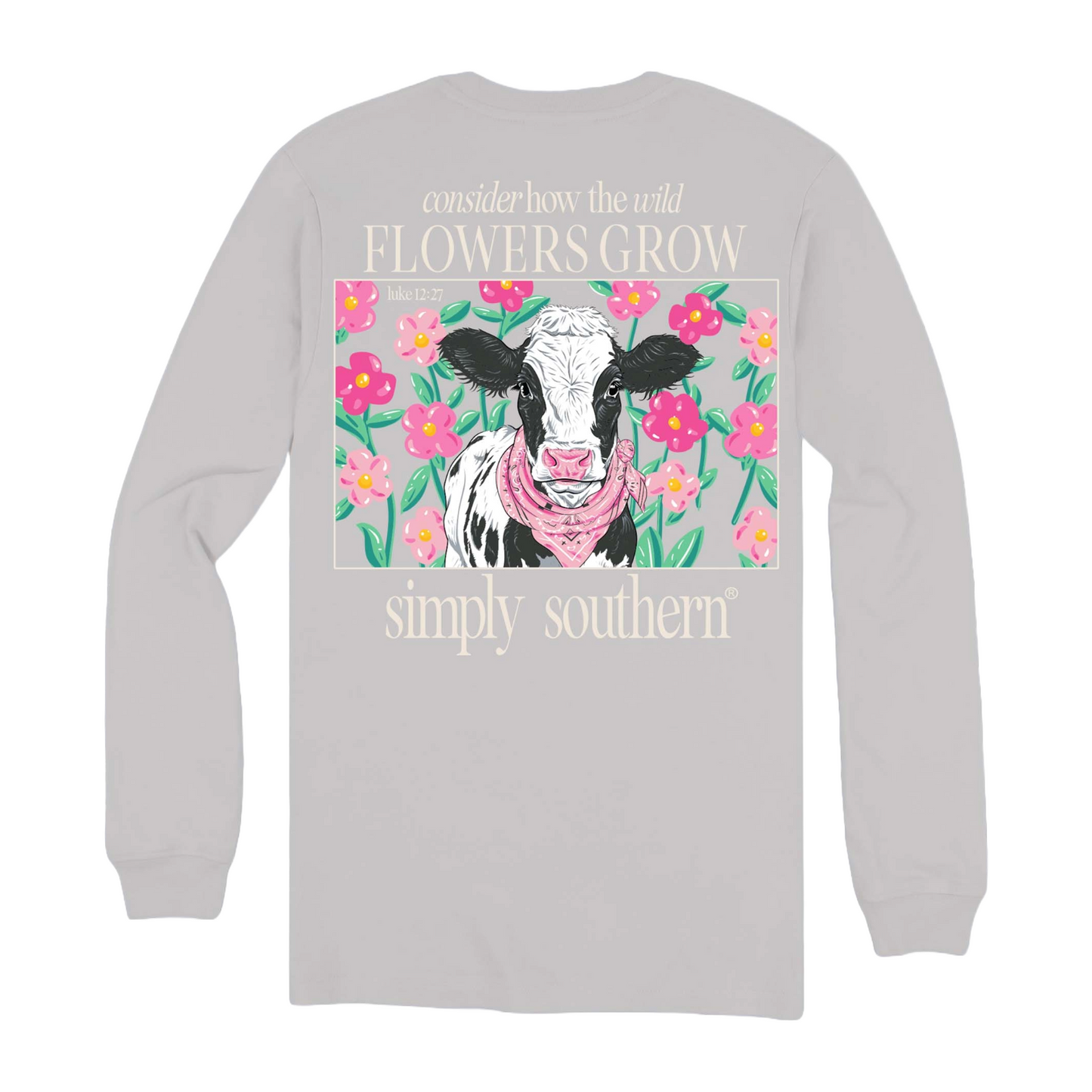 Simply Southern Ladies Cow With Flowers Light Grey Long Sleeve Shirt LS-COW-WHITEWATER