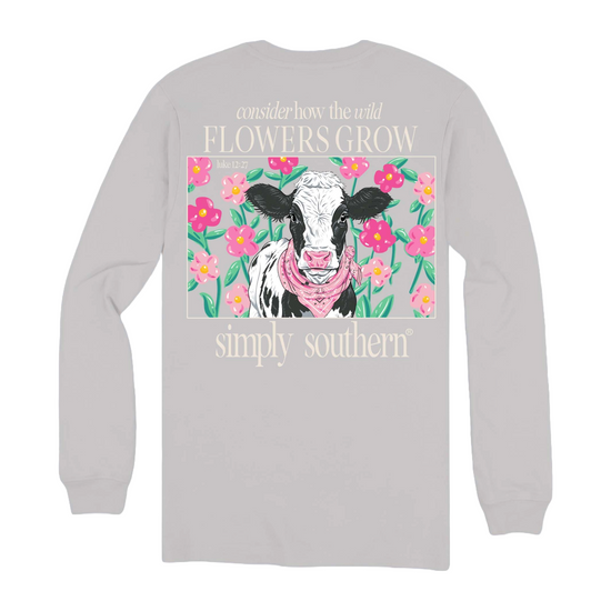 Simply Southern Ladies Cow With Flowers Light Grey Long Sleeve Shirt LS-COW-WHITEWATER