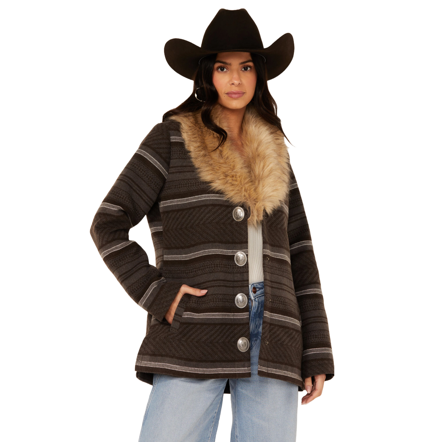 Cruel Denim Ladies Faux Fur Serape Stripe Grey Jacket CWJ7479001