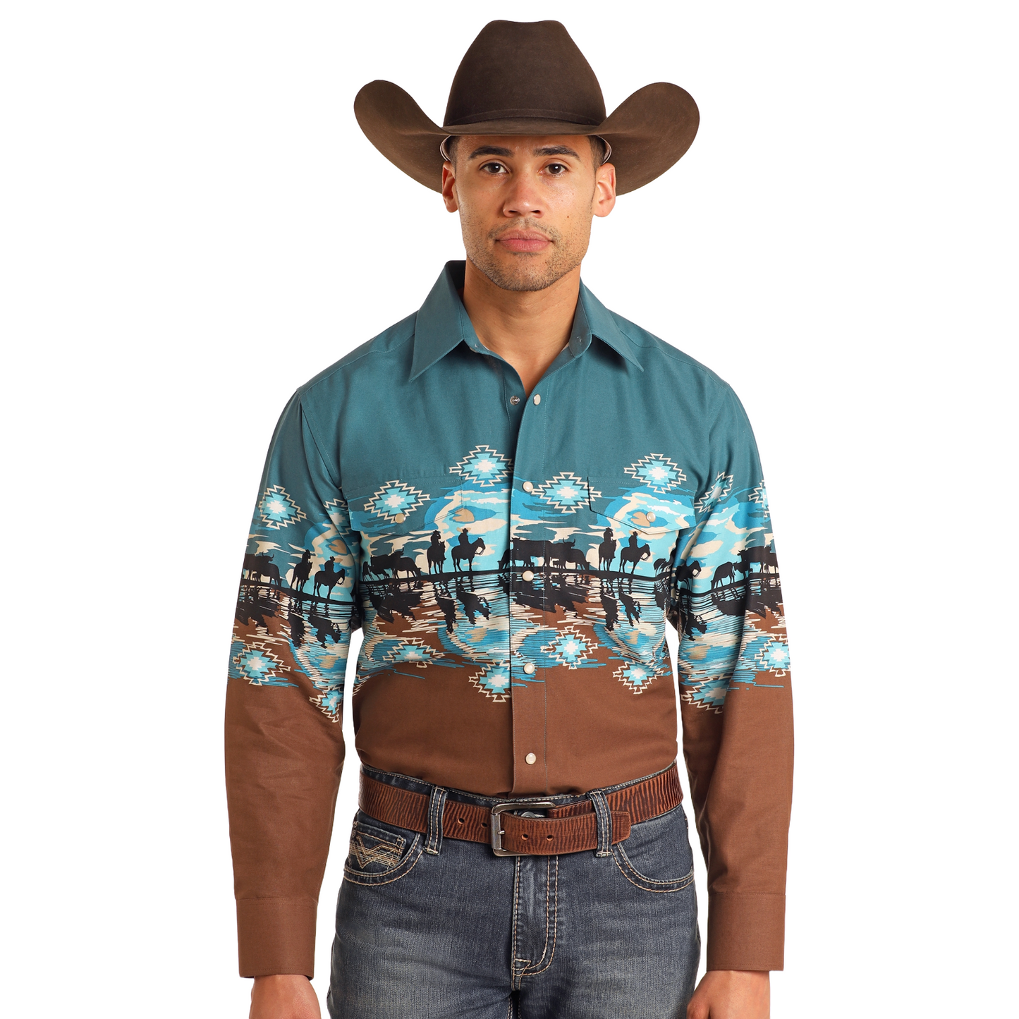 Panhandle Mens Cowboy Border Print Peacock Shirt SMN2S05596