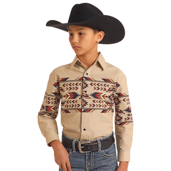 Panhadle Boys Tan Thunderbird Border Print Shirt SBN2S05595