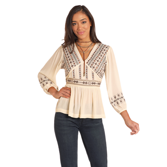 Rock&Roll Ladies Empire Waist Embroidered Cream Top LW52T04695