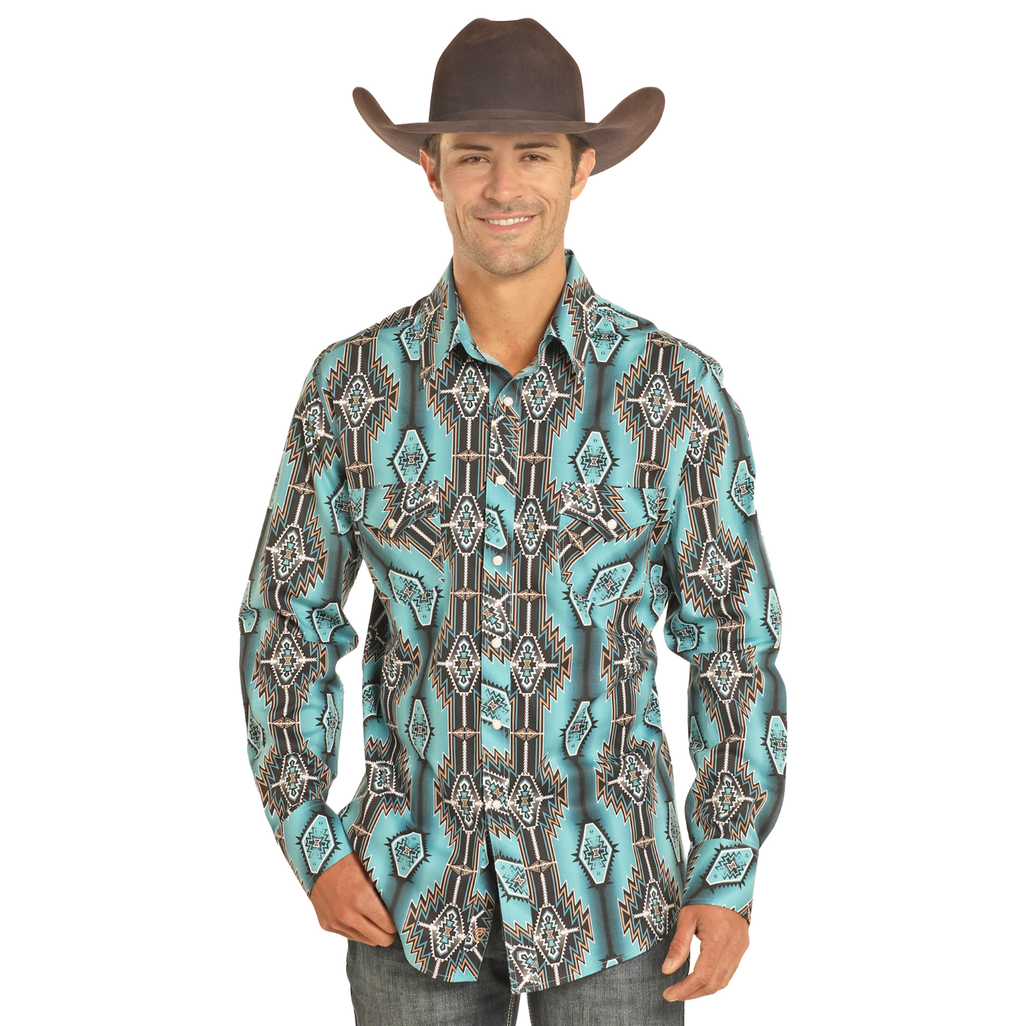 Rock & Roll Denim Men's Aztec Print Turquoise Snap Shirt BMN2S04726