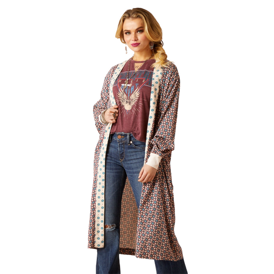 Ariat Ladies Mesquite Geometric Cream & Burgundy Kimono Duster 10046276