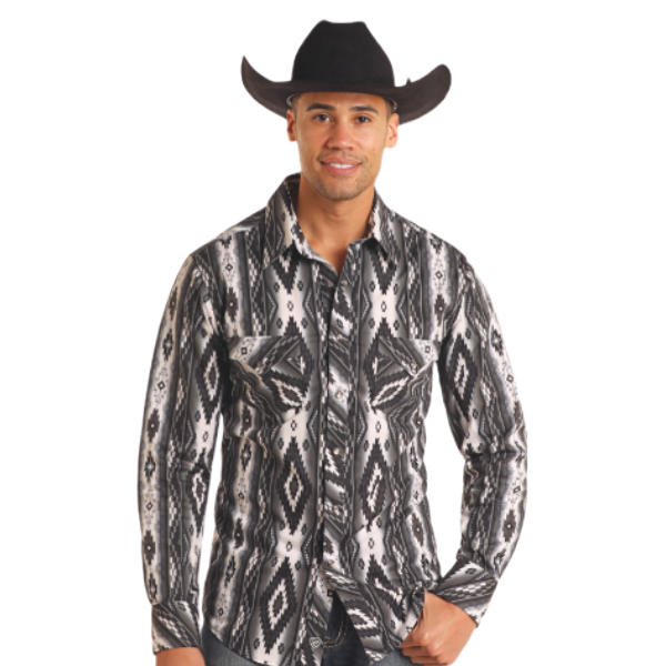 Rock & Roll Denim Men's Black Southwestern Printed Snap Shirt BMN2S05471