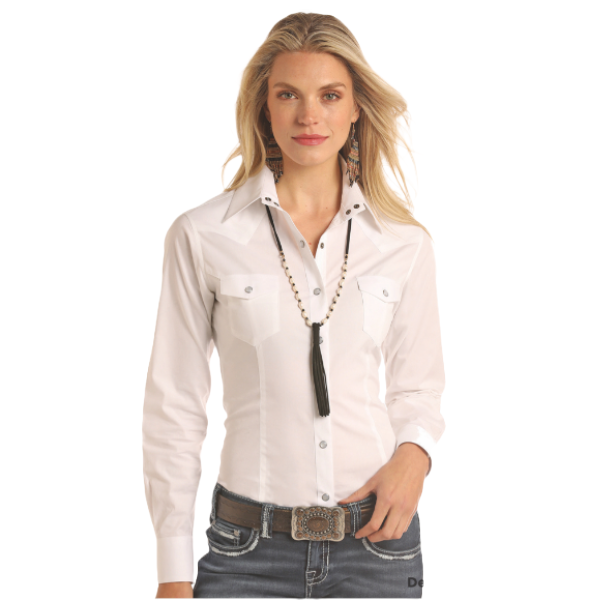 Panhandle Ladies Solid Poplin White Snap Shirt PWN2S05431-15