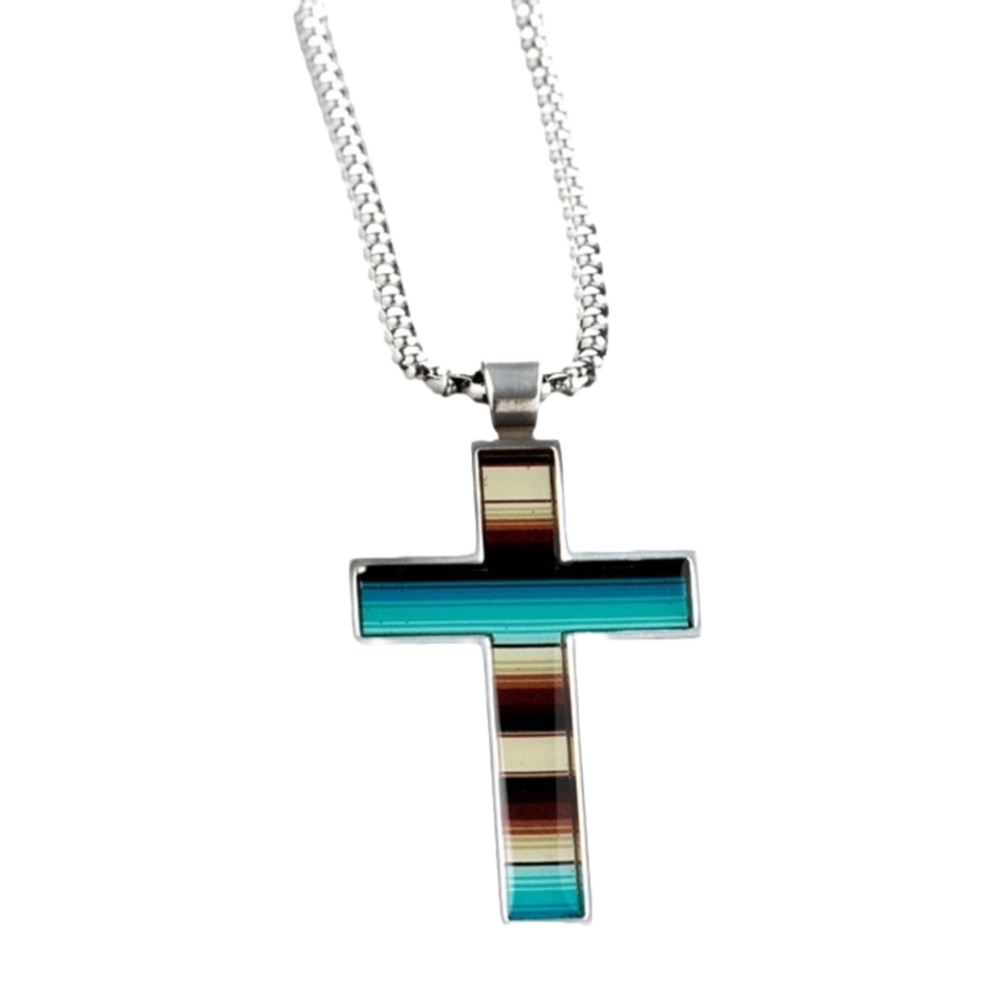 Silver Strike Men's Striped Silver Cross Necklace D47015