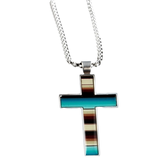 Silver Strike Men's Striped Silver Cross Necklace D47015