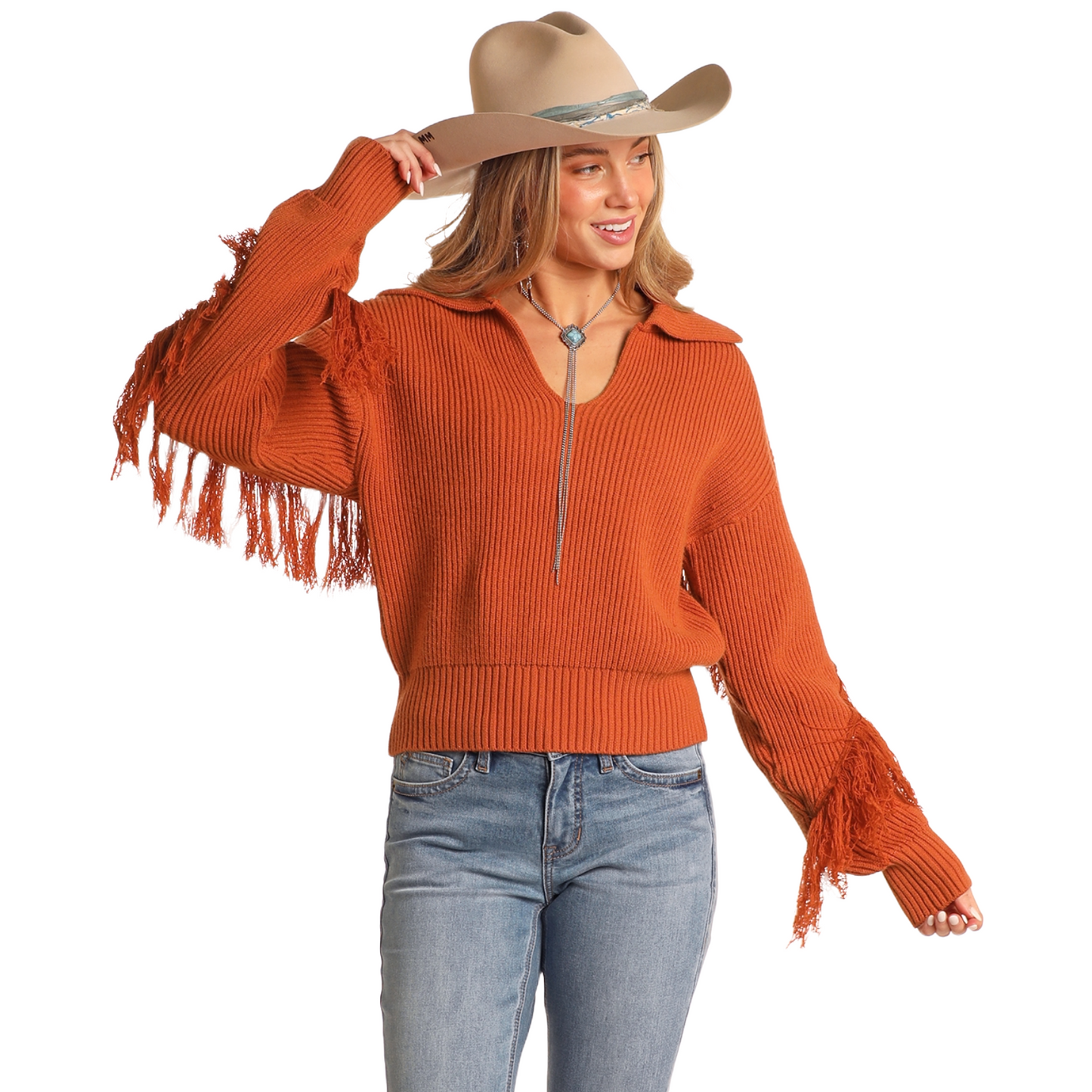 Panhandle Ladies Rust Sweater With Fringe BW32T0528