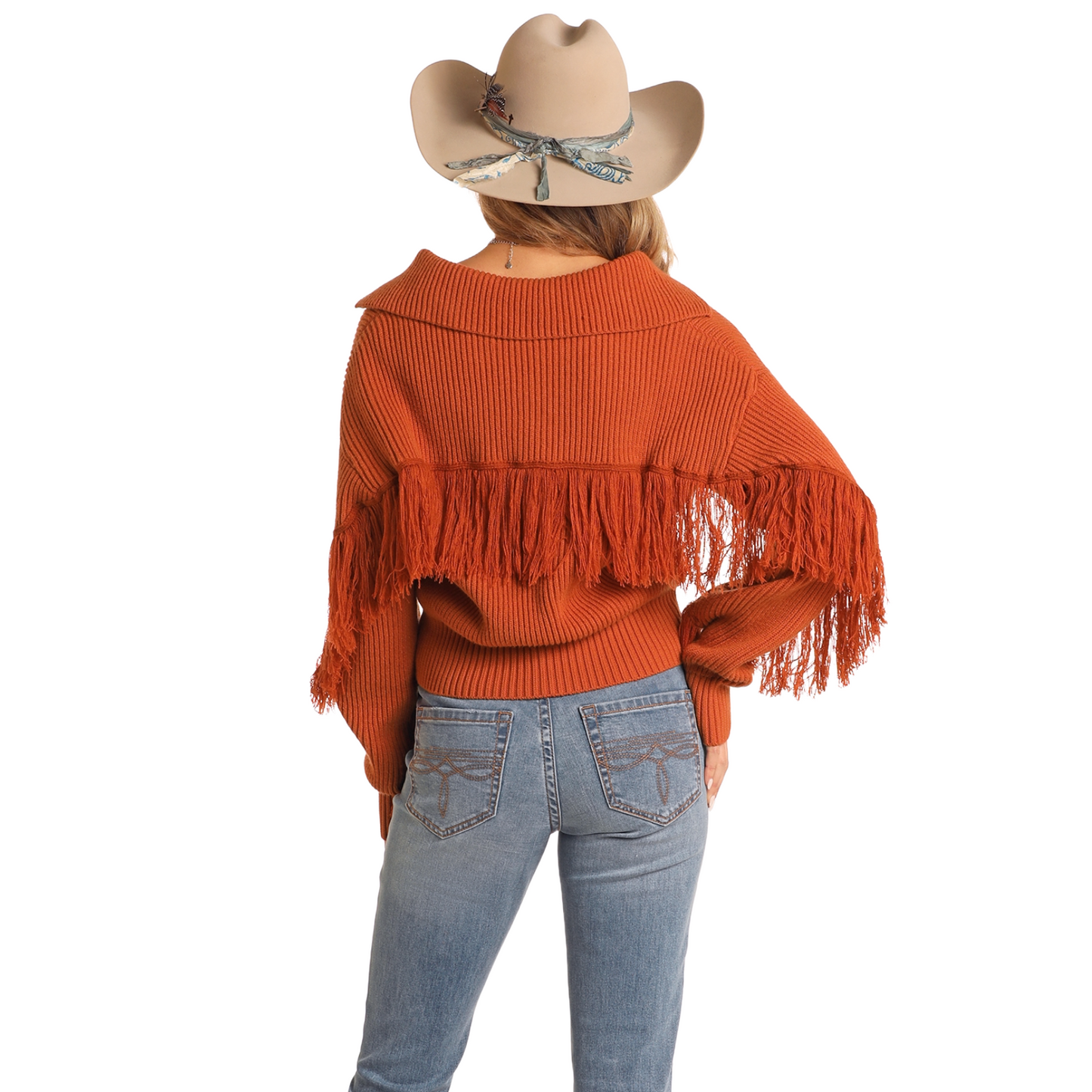 Panhandle Ladies Rust Sweater With Fringe BW32T0528