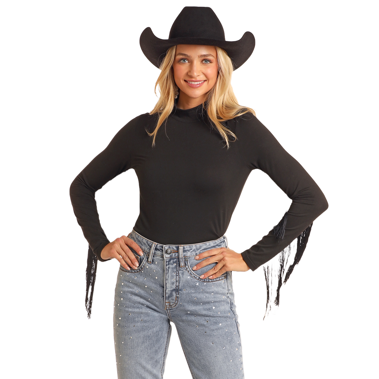 Panhandle Ladies Mock Neck With Fringe Black Shirt BW52T05289