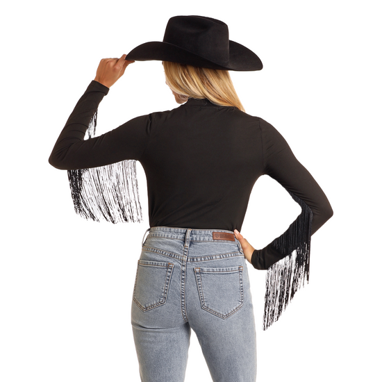 Panhandle Ladies Mock Neck With Fringe Black Shirt BW52T05289