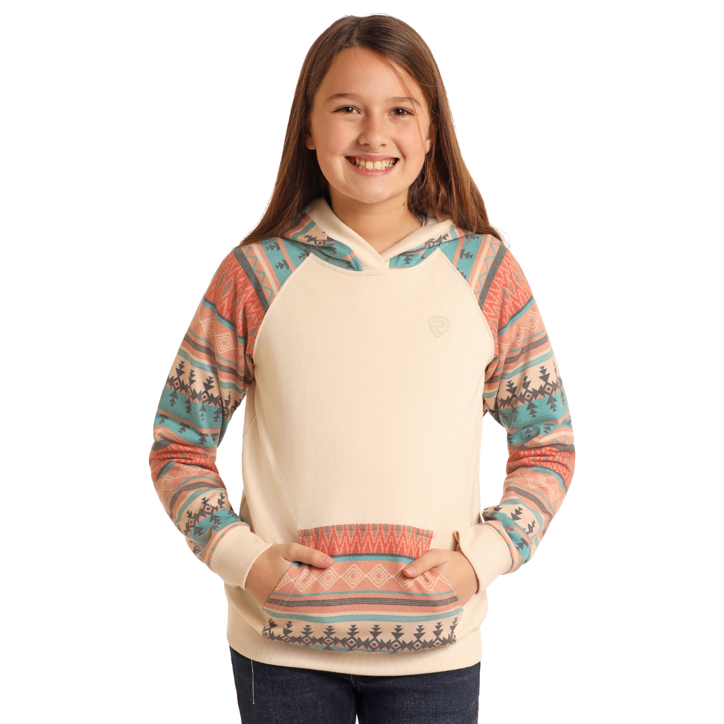 Panhandle Girl's Contrast Sleeves Turquoise Pullover Hoodie BG94T05213