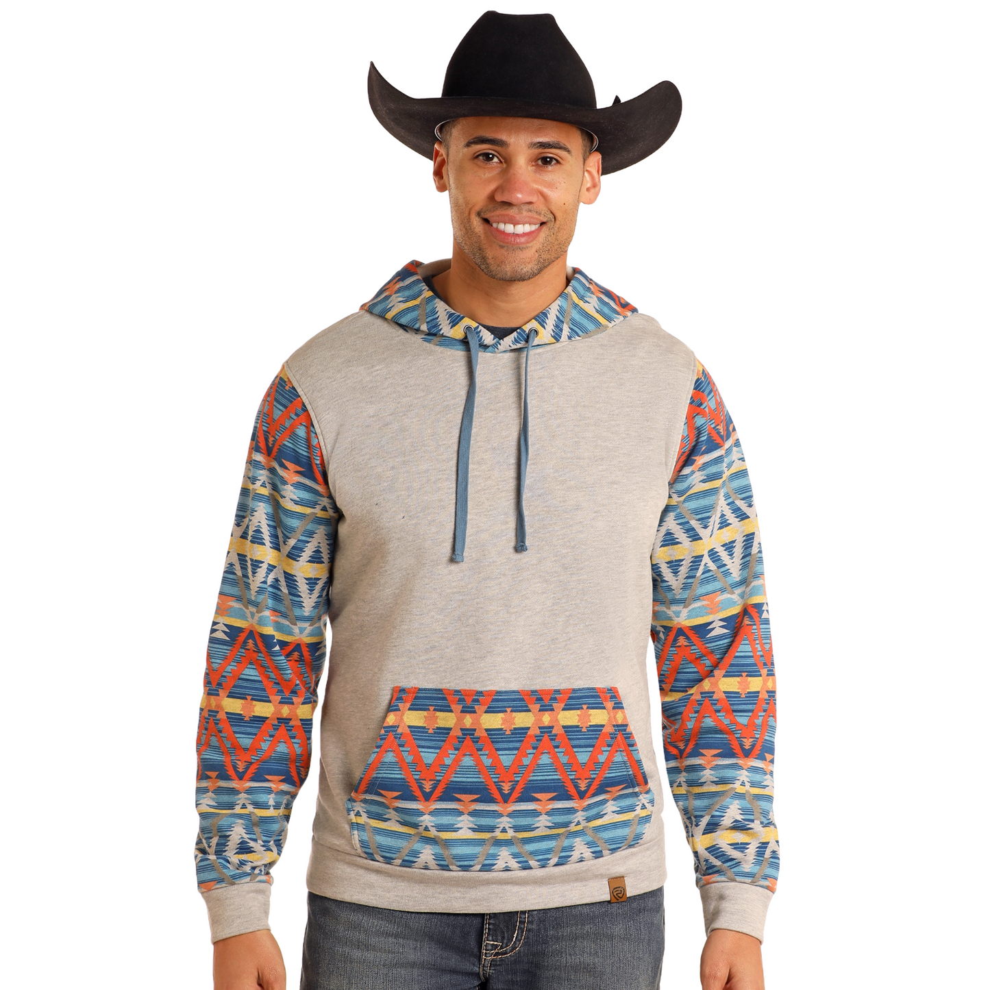 Rock & Roll Denim Men's Aztec Color Blocked Blue Western Hoodie BM94T05358