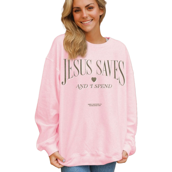 Simply Southern Ladies Jesus Saves Graphic Light Pink Pullover CREW-JESUS-TUTU