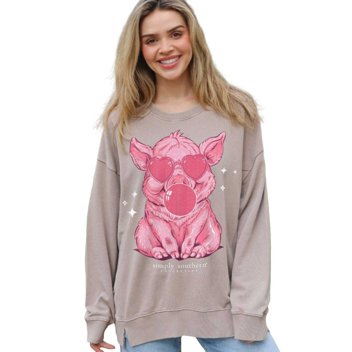 Simply Southern Ladies Bubblegum Blowing Pig Graphic Sepia Pullover SWT-PIG-SEPIA