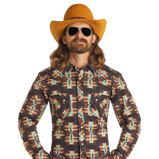 Panhandle Mens Aztec Print Dark Brown Shirt BMN2S04732