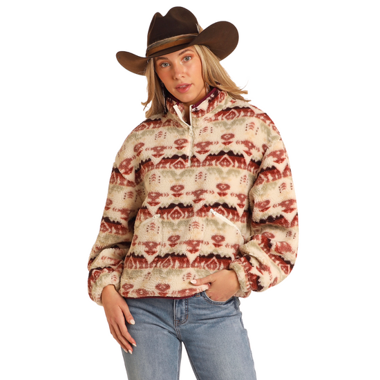 Panhandle Ladies Aztec Print Quarter Zip Eggshell Sherpa Pullover Sweater BW91C05248