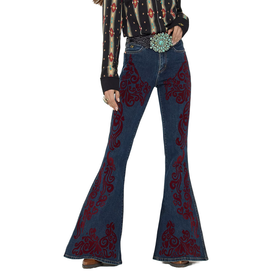 Wrangler Ladies Lainey Wilson Vintage Flocked Maroon Dark Wash Bell Bottoms 112360596