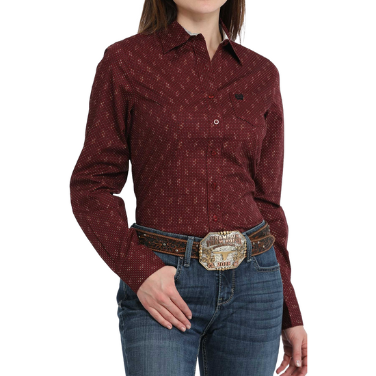 Cinch Ladies Mini Dotted Print Burgundy Button Down Shirt MSW9164232