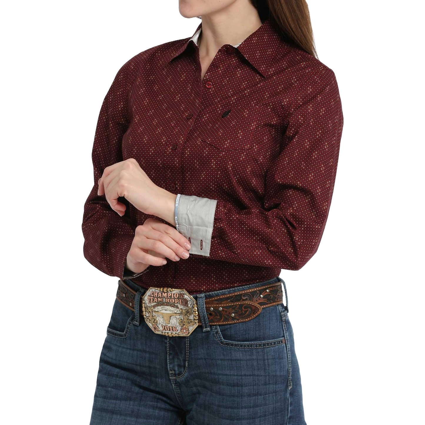 Cinch Ladies Mini Dotted Print Burgundy Button Down Shirt MSW9164232