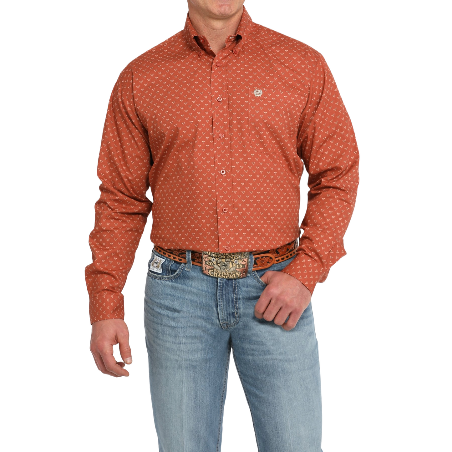 Cinch Men's Mini Bull Print Orange Button Down Shirt MTW1105847