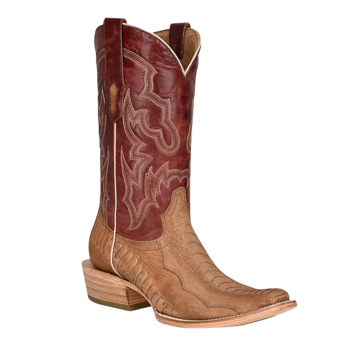 Corral Men's Ostrich Leg Tan & Red Narrow Square Toe Boots A4293
