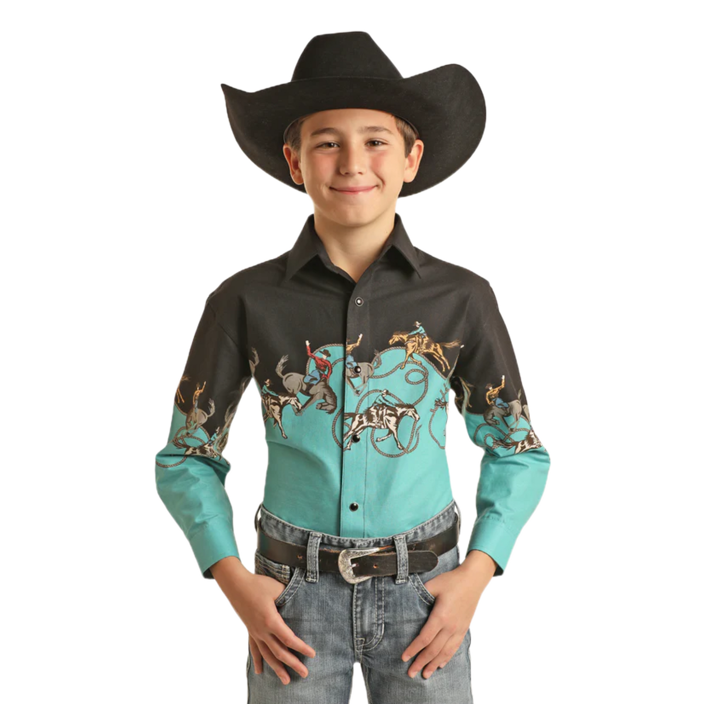 Panhandle Boy's Cowboy Border Turquoise & Black Snap Shirt SBN2S02454