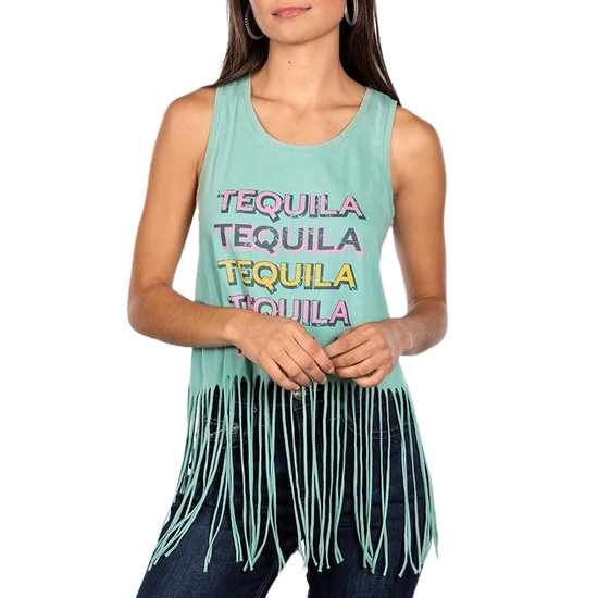 Rock & Roll Denim Ladies Tequila Fringe Turquoise Tank Top BW20T04023