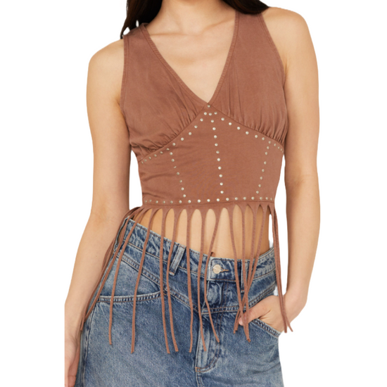 Rock & Roll Denim Ladies Studded & Fringe Brown Tank Top BW20T03893-24