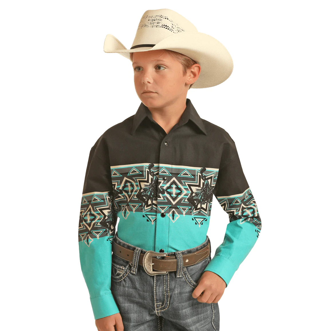 Panhandle® Youth Boy's Black Aztec Border Print Snap Shirt C0S3011