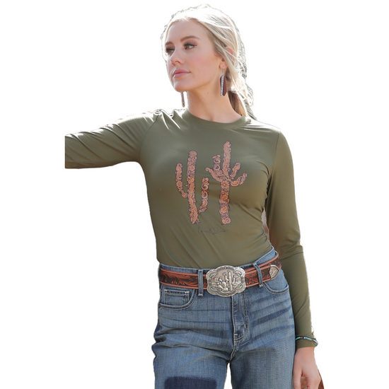 Cruel Denim Ladies Green Cactus Print Long Sleeve T-Shirt CTK7491002