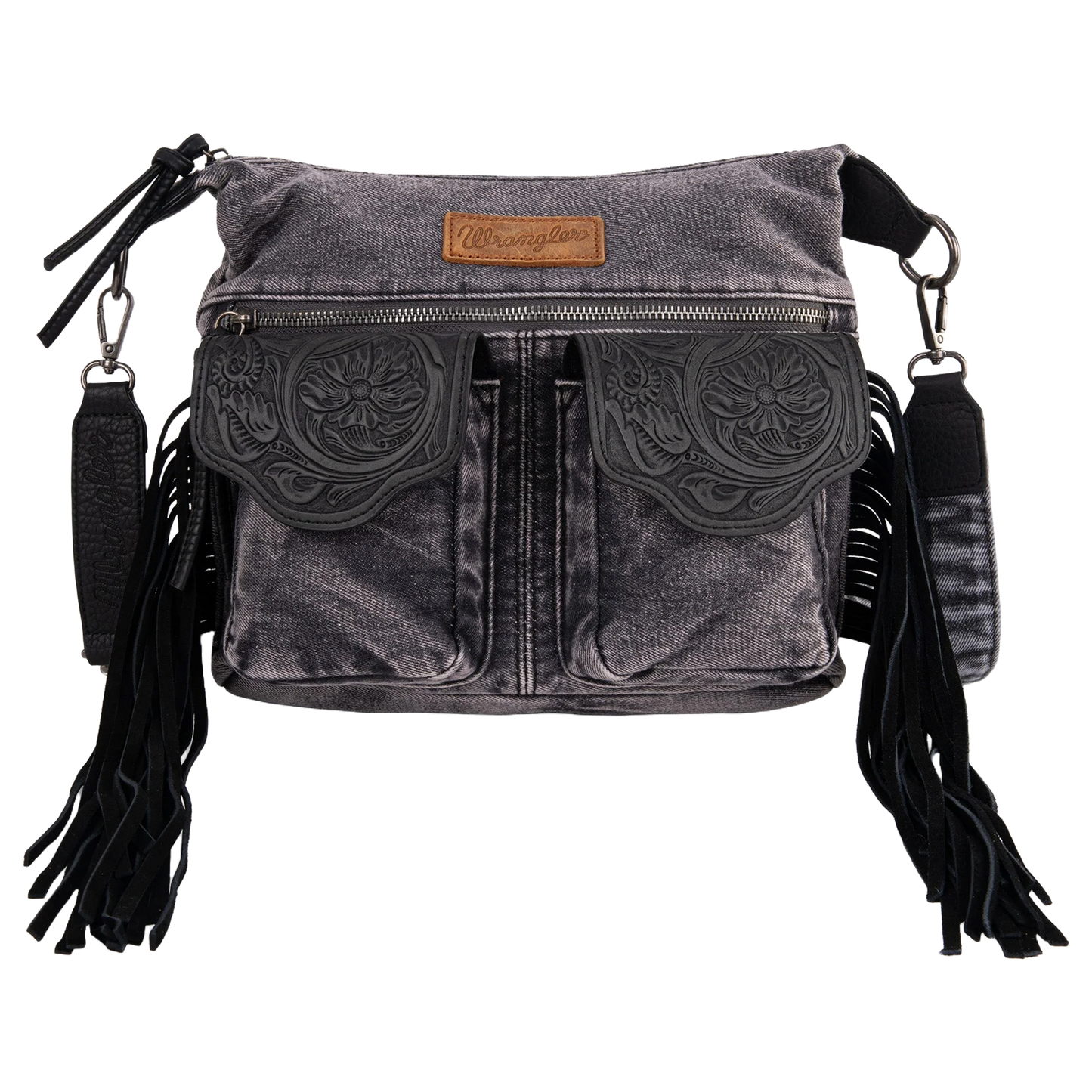 Wrangler Ladies Fringe Floral Tooled Black Denim Crossbody Bag WG103-2009SBK