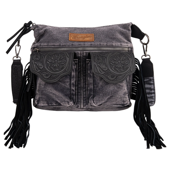 Wrangler Ladies Fringe Floral Tooled Black Denim Crossbody Bag WG103-2009SBK