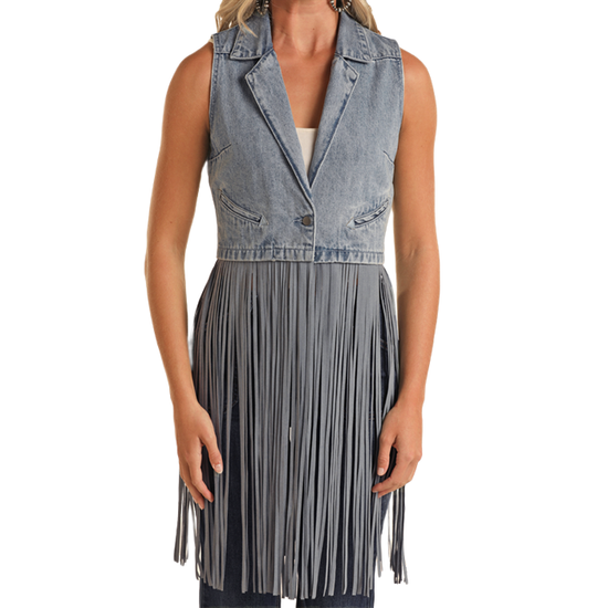 Rock & Roll Denim Ladies Long Fringe Light Wash Denim Vest BW98D02274