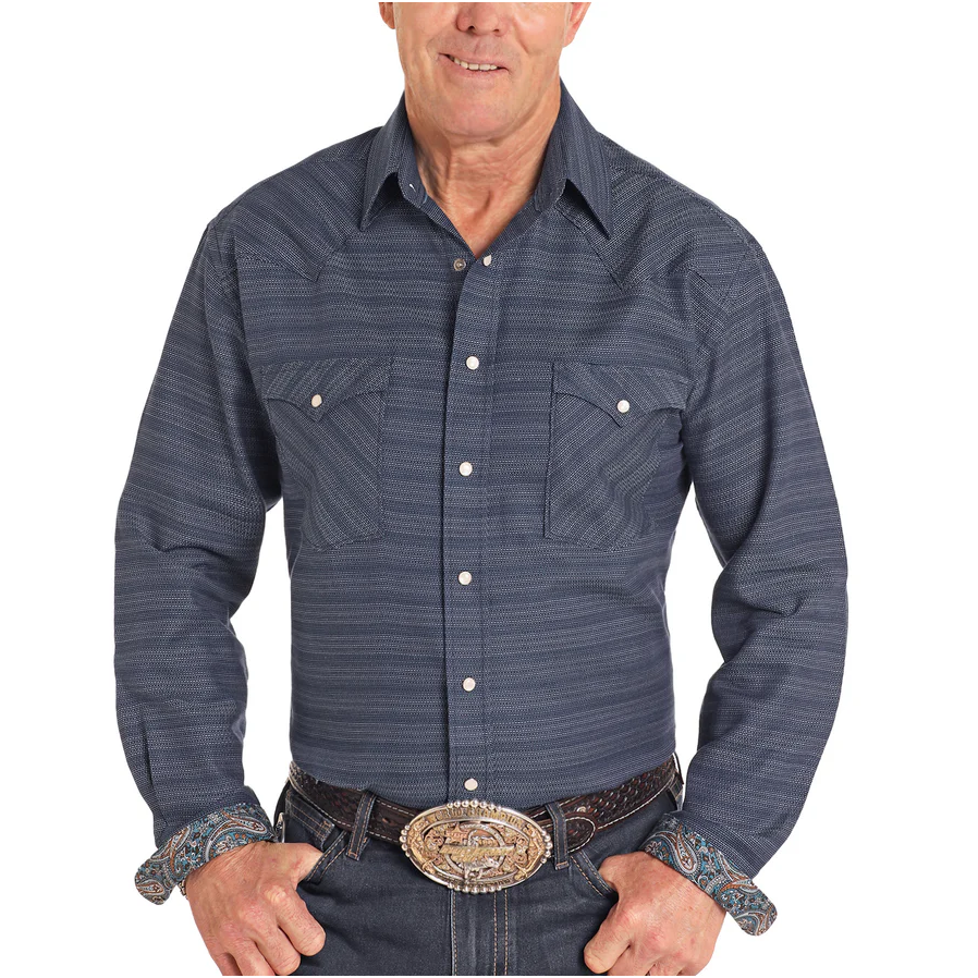 Panhandle Men's Novelty Dobby Stripe Navy Snap Shirt RMN2S04605