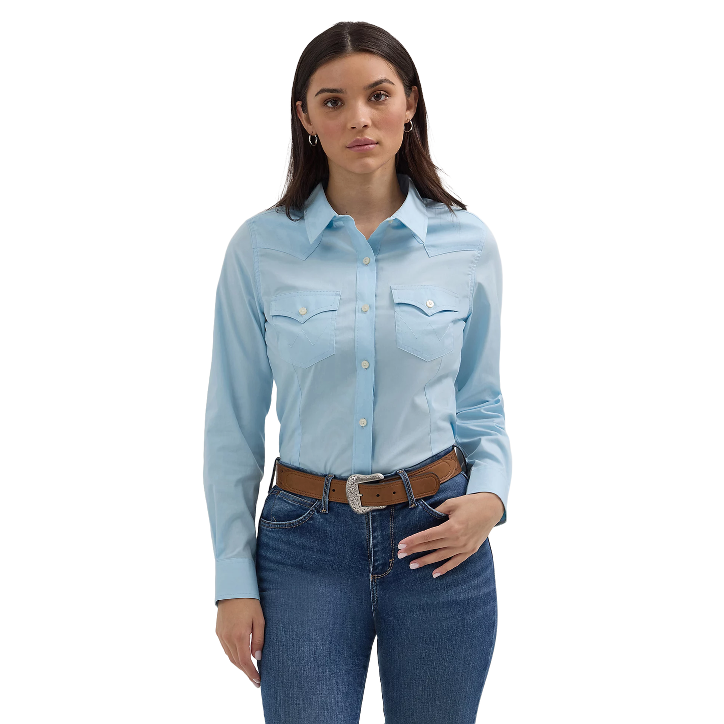 Wrangler Ladies Retro Western Button Down Cool Blue Shirt 112358015